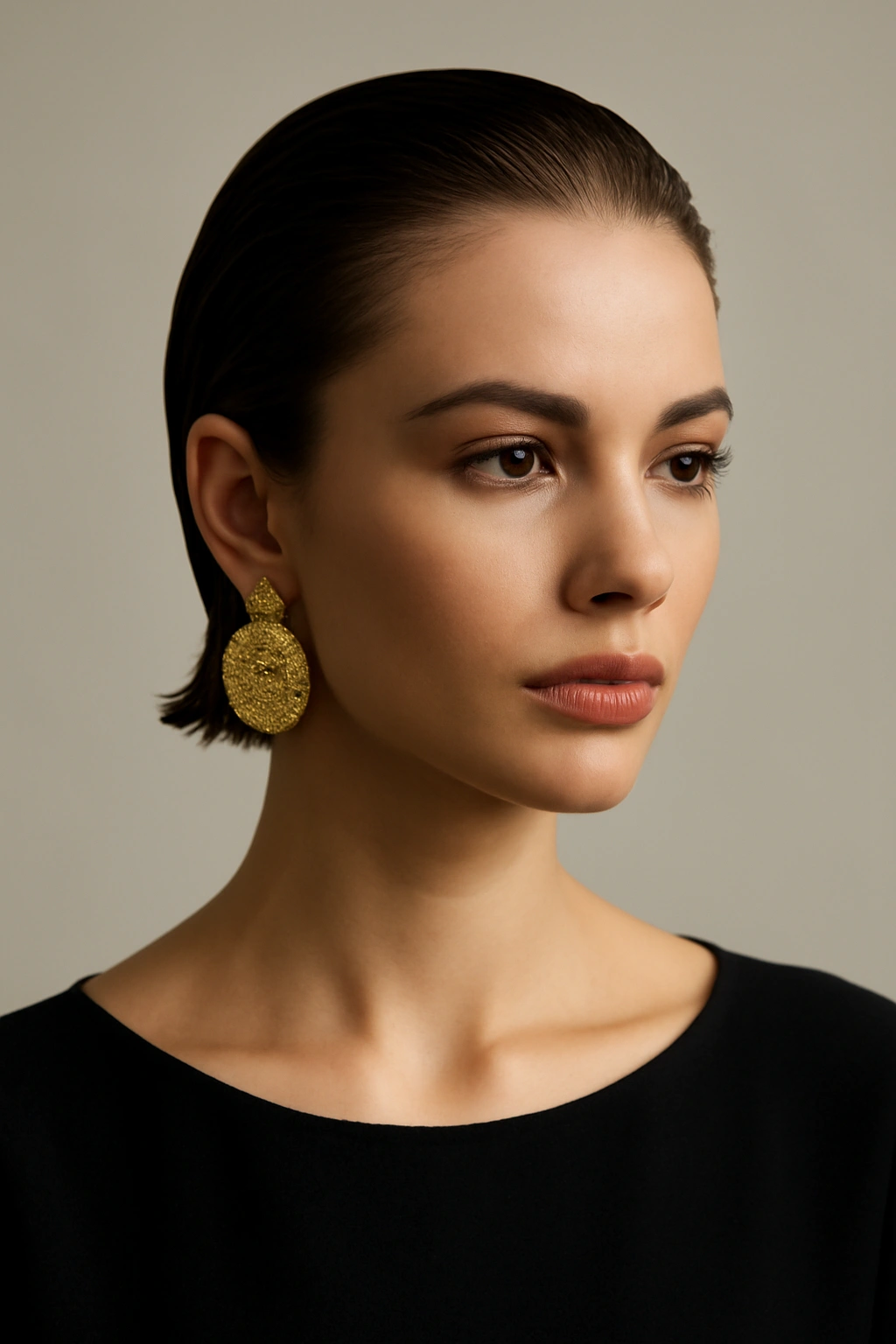 Slicked-back hair with bold earrings in a clean studio portrait