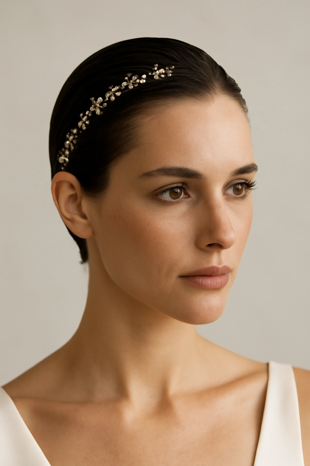 Slicked-back hairstyle with delicate hair jewelry