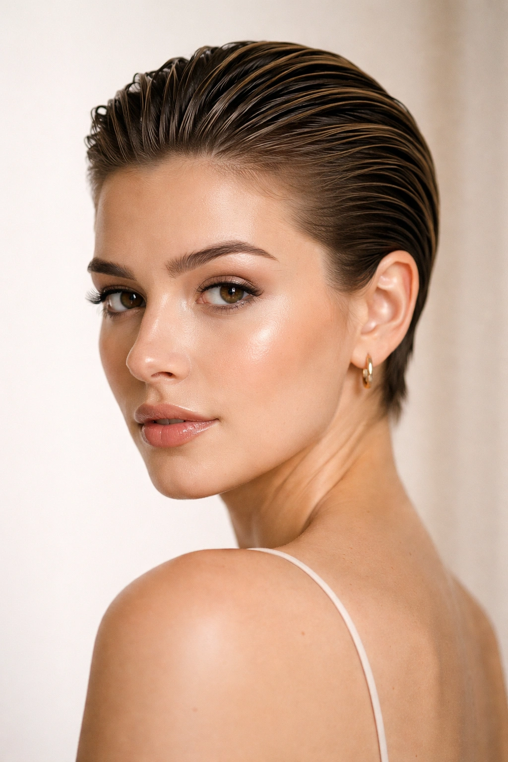 Close-up of a short slicked-back hairstyle with glossy finish.