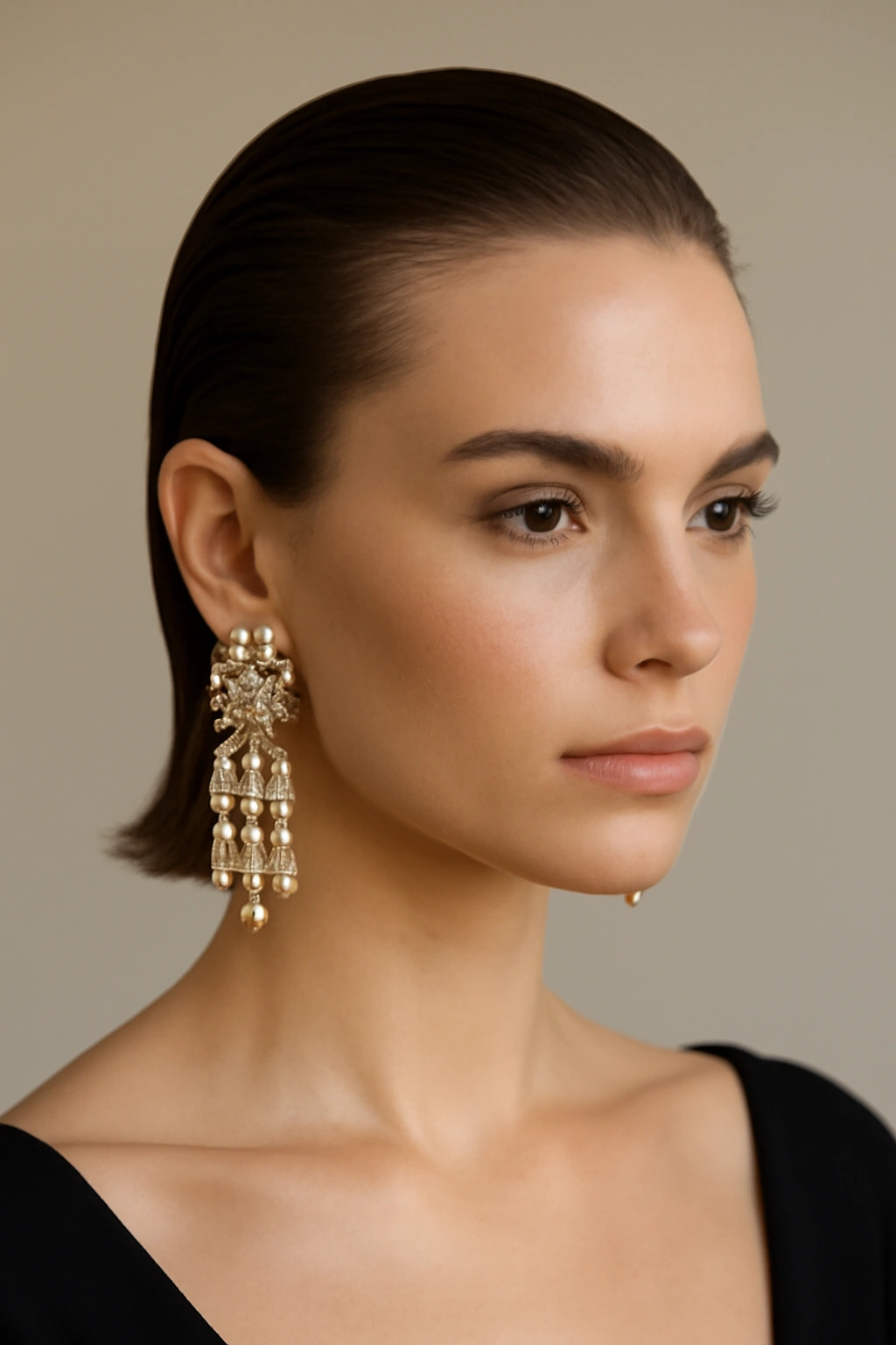 Slicked-back hair with bold, statement earrings in a polished portrait.