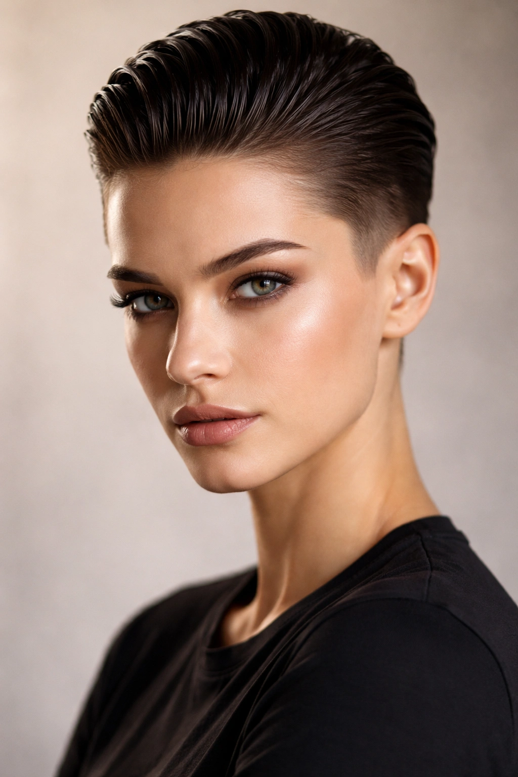 Portrait of a person with slicked-back hairstyle and sharp fade on the sides