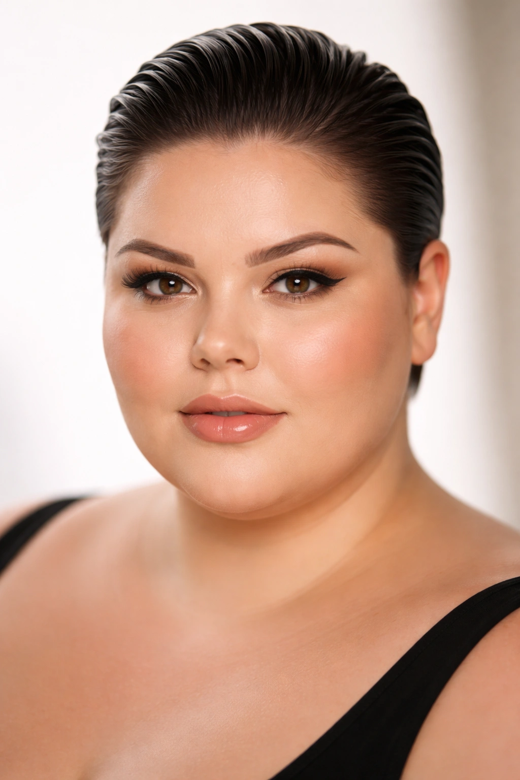 Slicked-back short style exposing the face with sleek shine