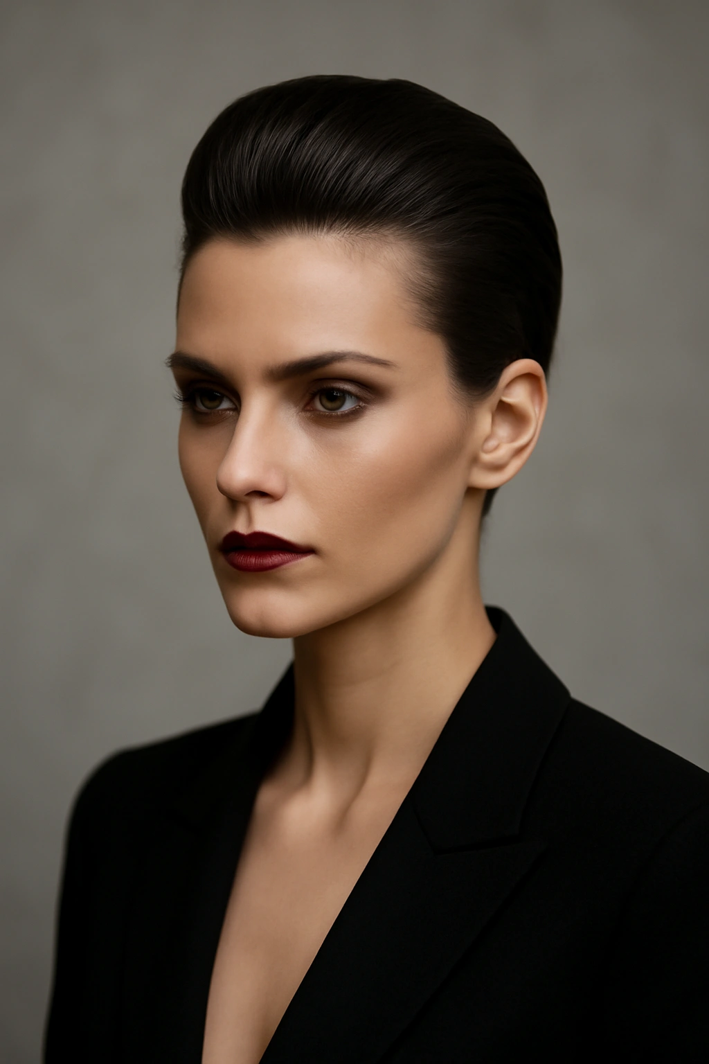 Slicked-back high crown hairstyle on short hair showing a strong silhouette