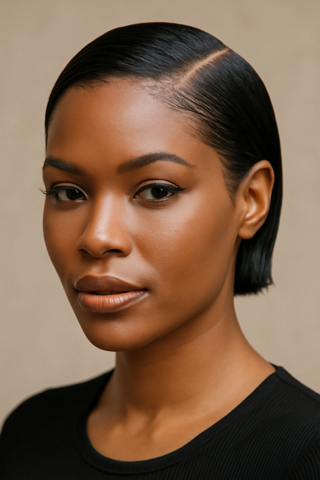 Frontal close-up of a Black woman with slicked-back micro bob.