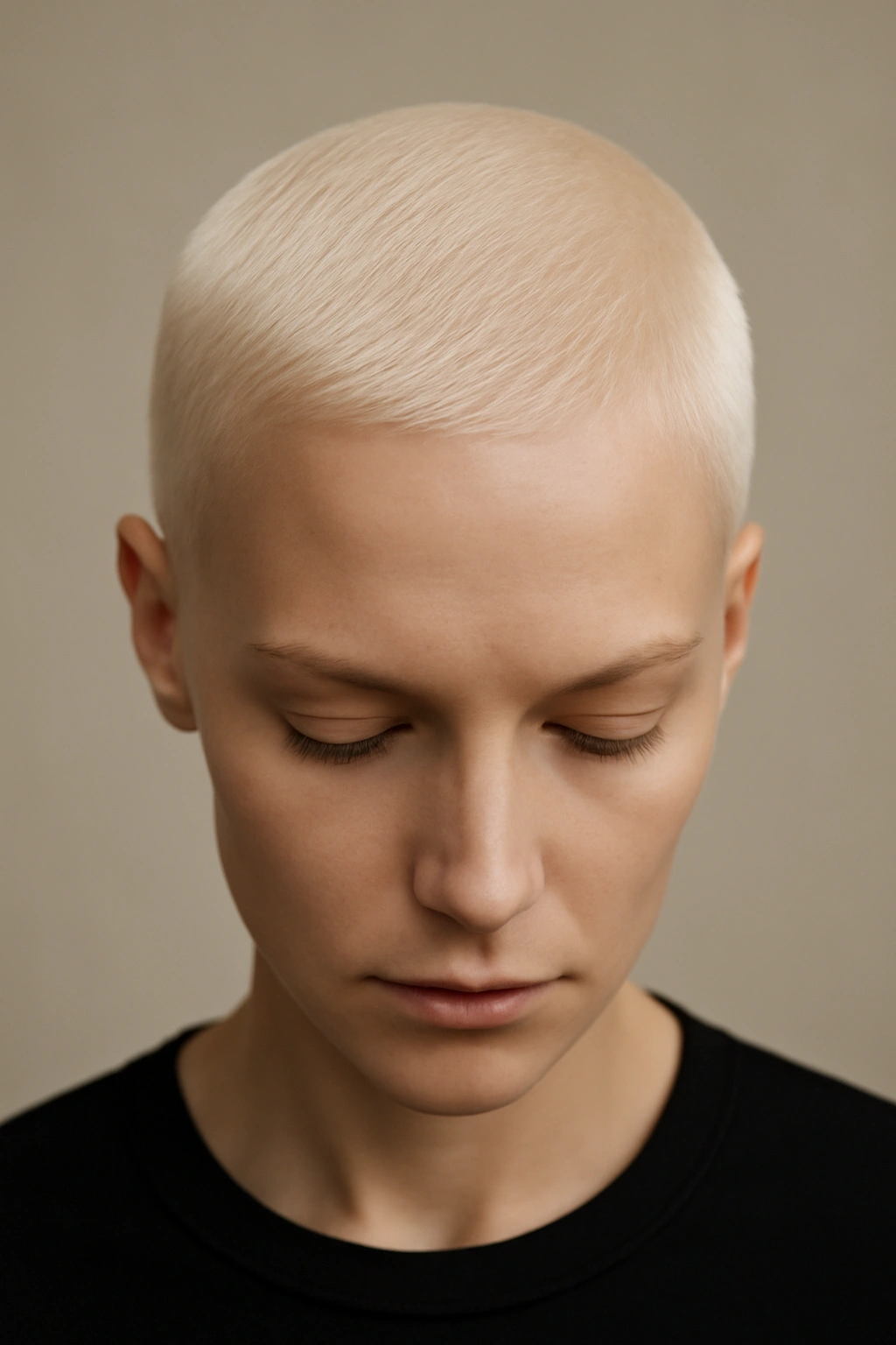 Ultra-short platinum blonde crop slicked back in a smooth plane