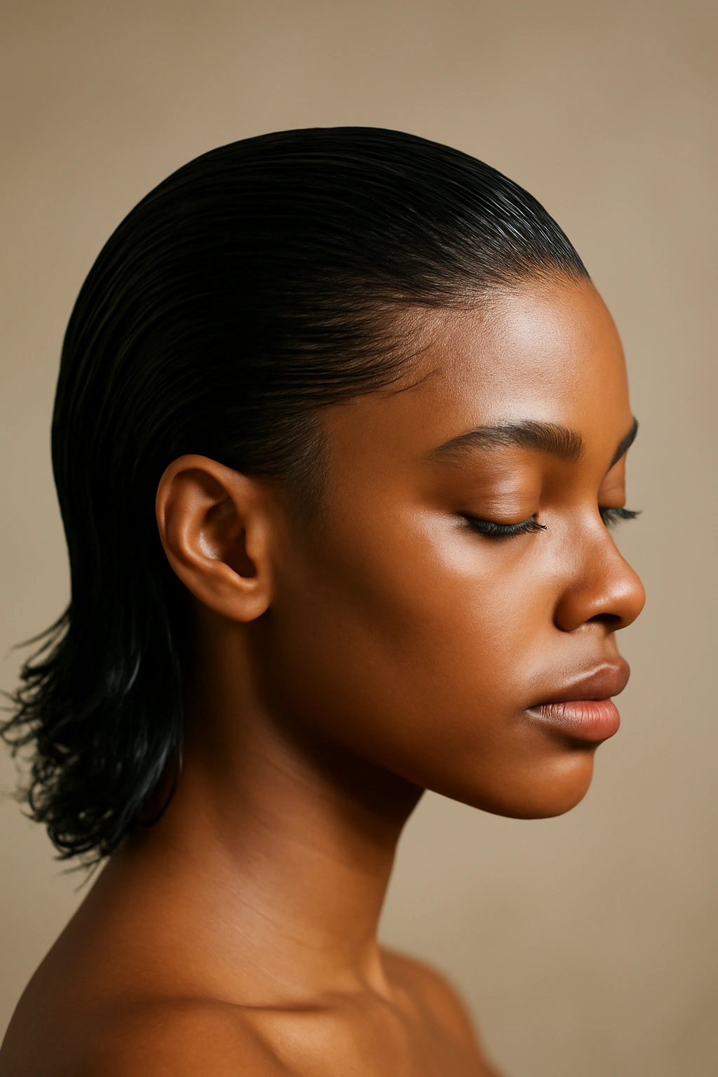 Portrait of a Black woman with a slicked-back mullet featuring a glossy, seamless shine.