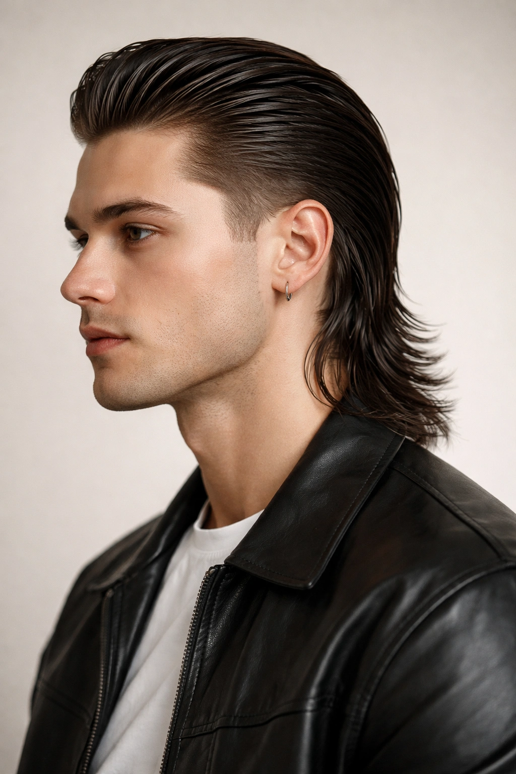 Three-quarter portrait of The Slicked Back Mullet with a sleek wet-look finish