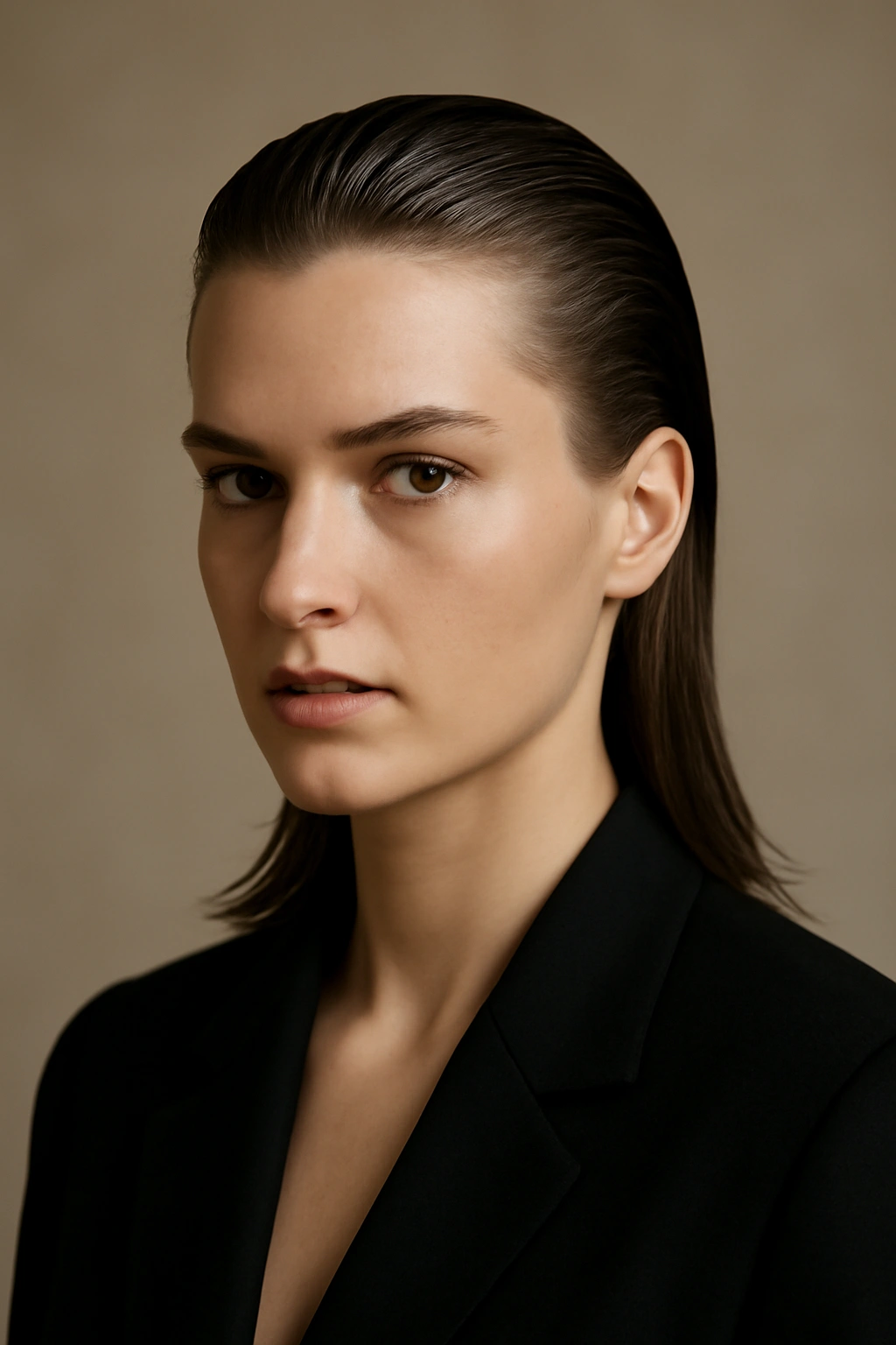 Close-up portrait of a person with a glossy slicked-back mullet and polished shine