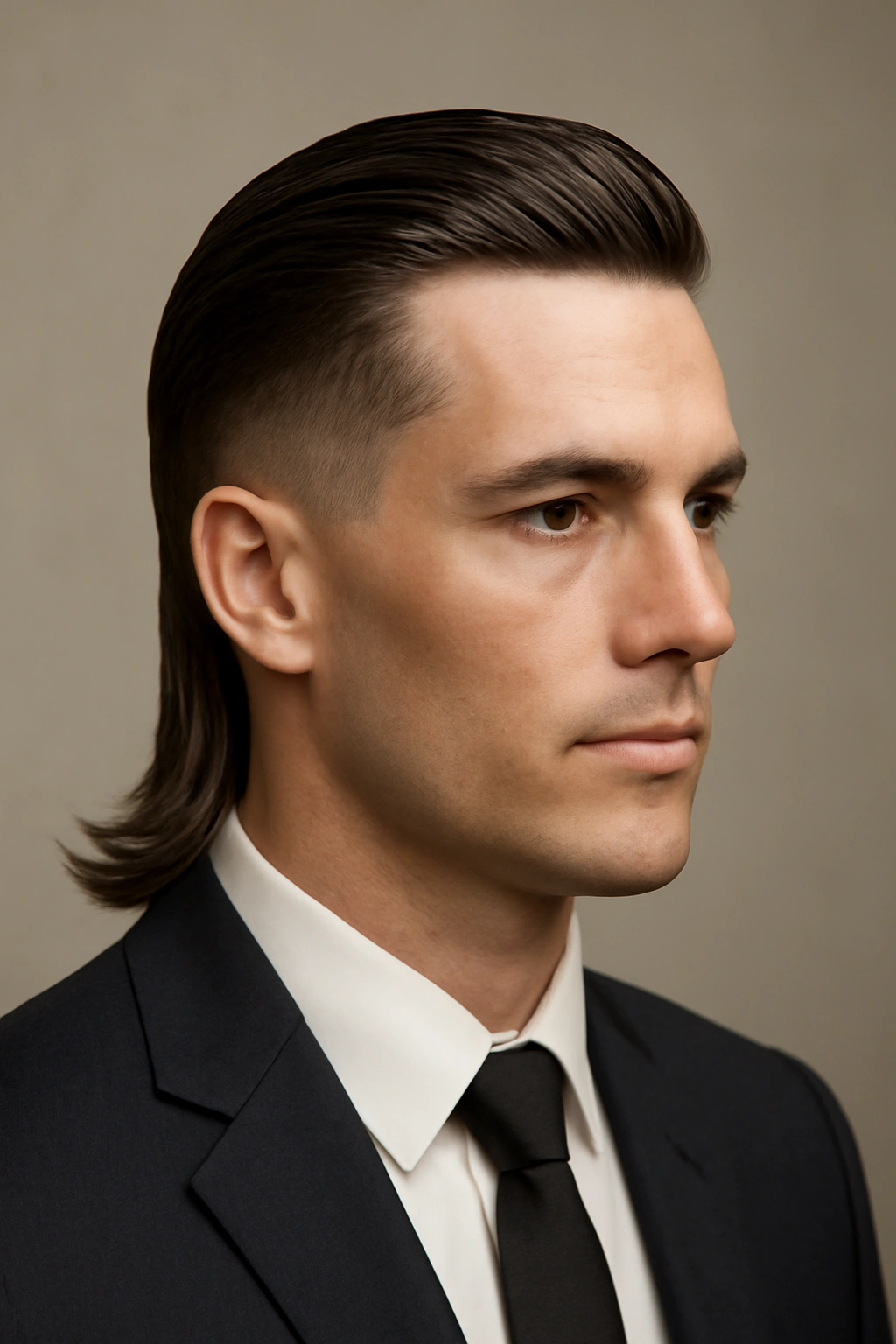 Close-up of slicked-back mullet with tight fade