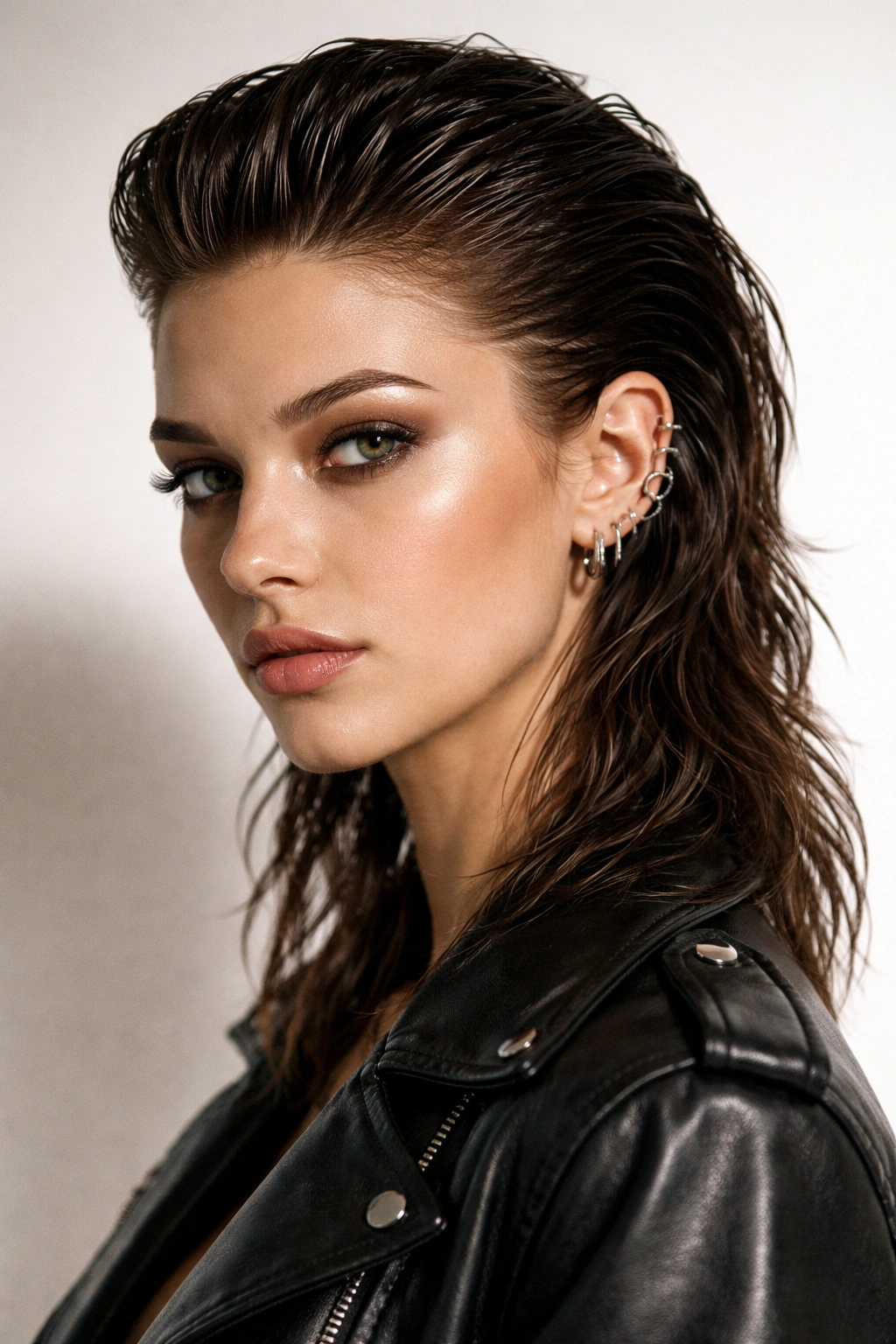 Slicked-back Mullet Shag with front slicked back and textured back in studio