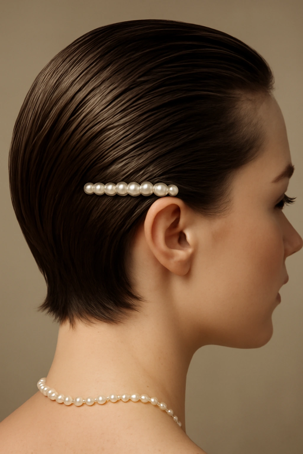 Slicked-back short hair with pearl accessories for minimalist wedding look