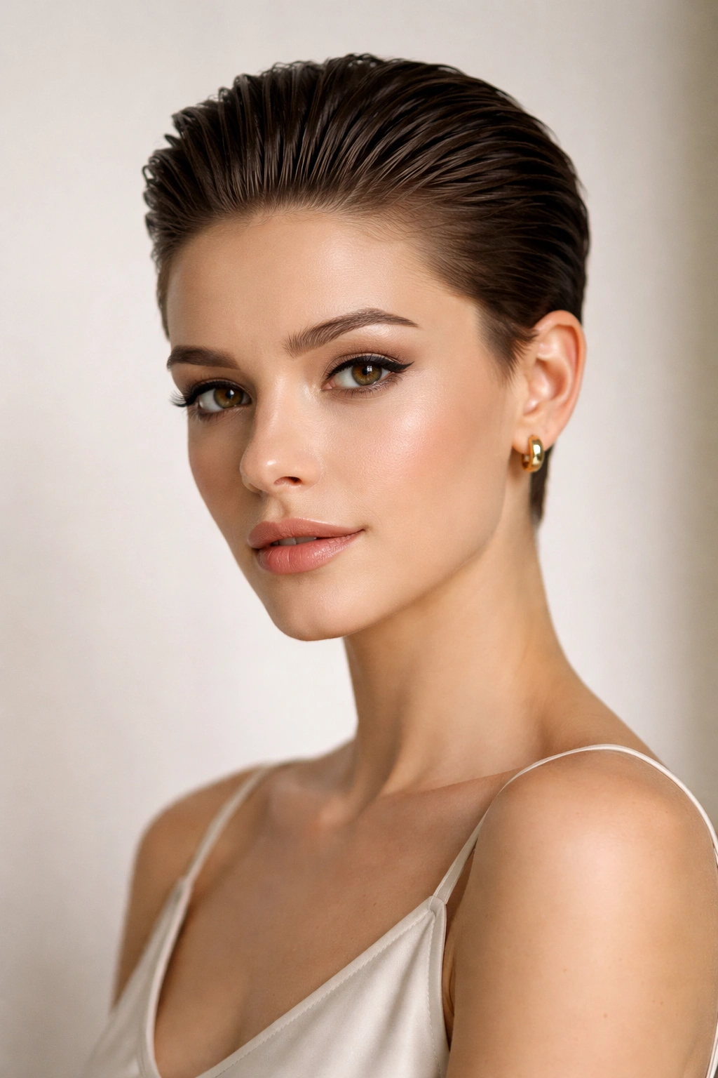 Slicked-back pixie with glossy finish and smooth styling