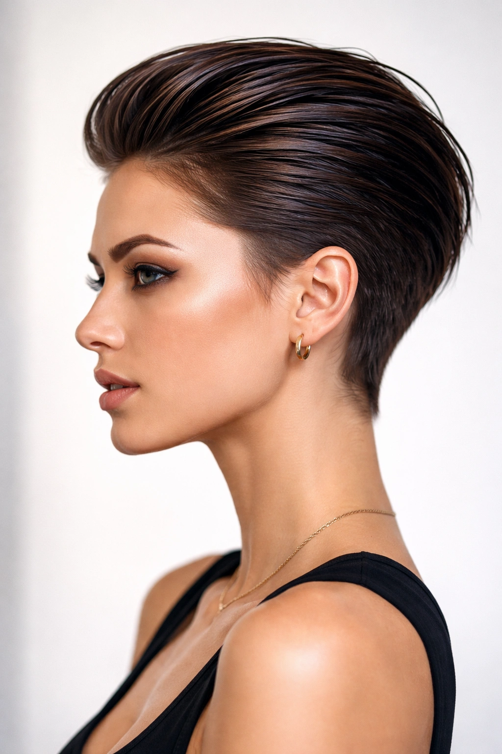 Slicked-back long pixie hybrid with sleek top and short sides