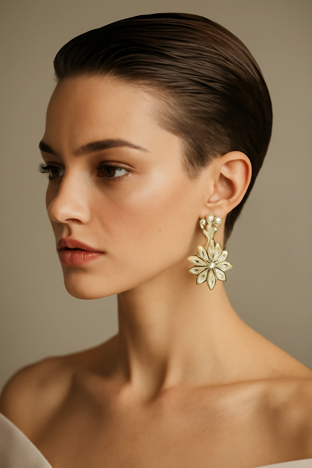 Close-up of slicked-back pixie showing bold earrings