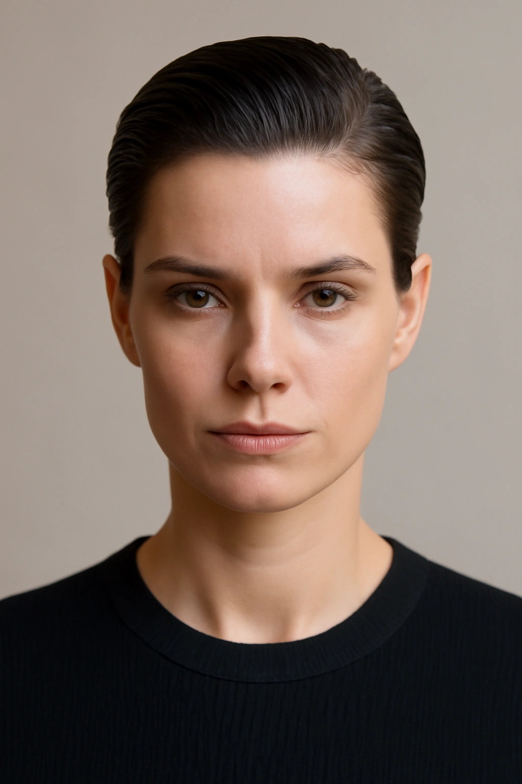 Close-up of a person with a slicked-back pixie showing a glossy, combed-back style