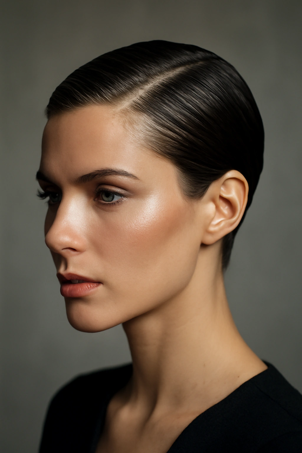 Slicked-back pixie with high shine and metallic edge