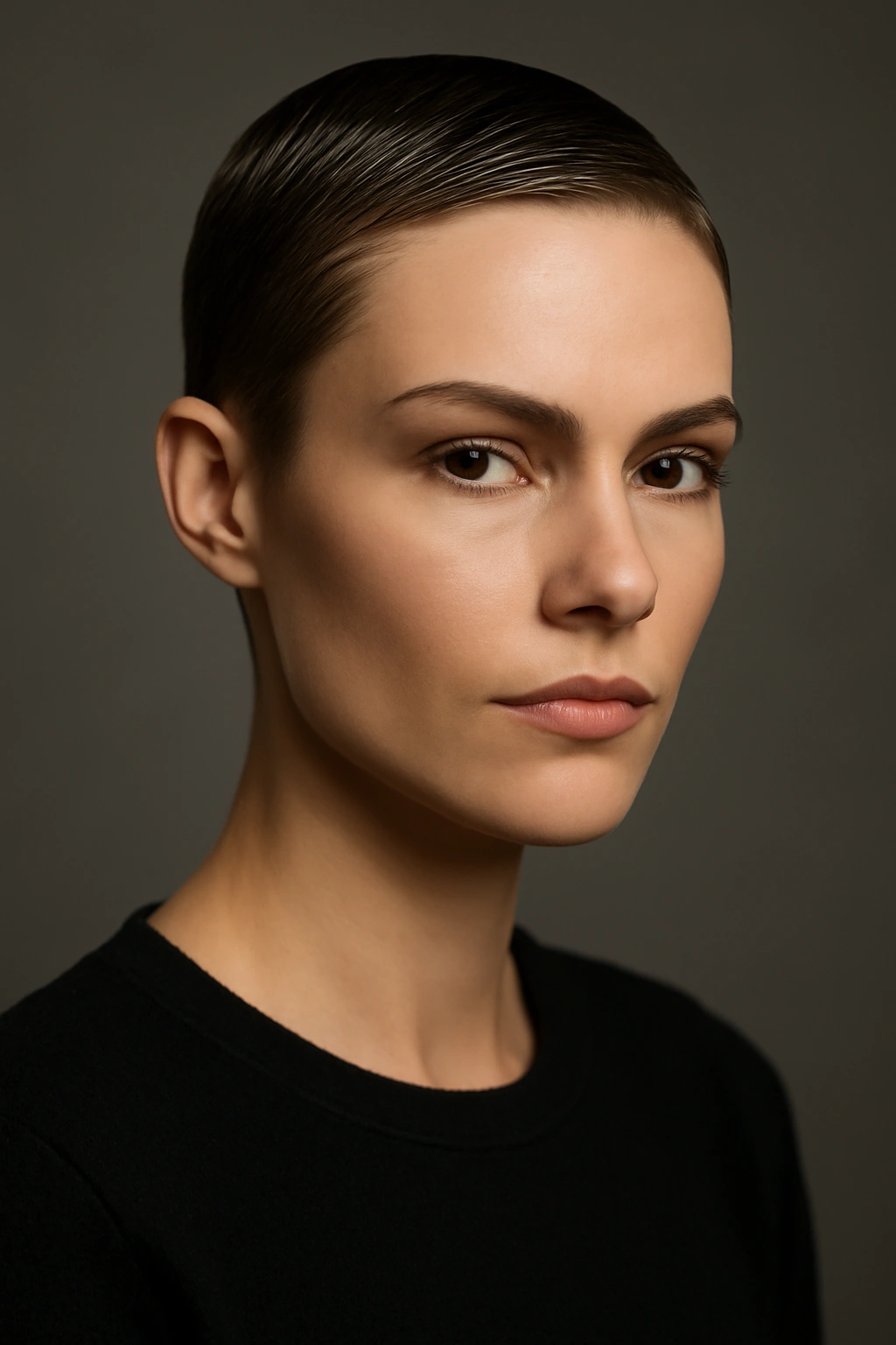 Close-up of a minimalist slicked-back pixie highlighting facial features