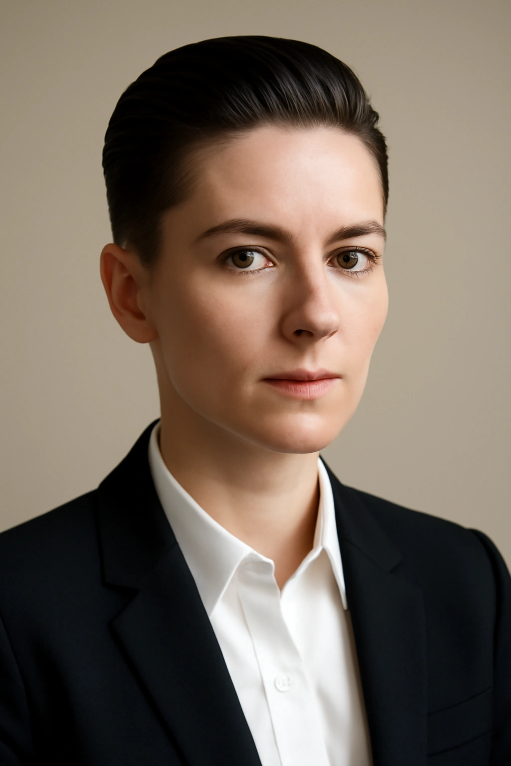 Close-up of slicked-back pixie with very short sides and top polished for a professional look