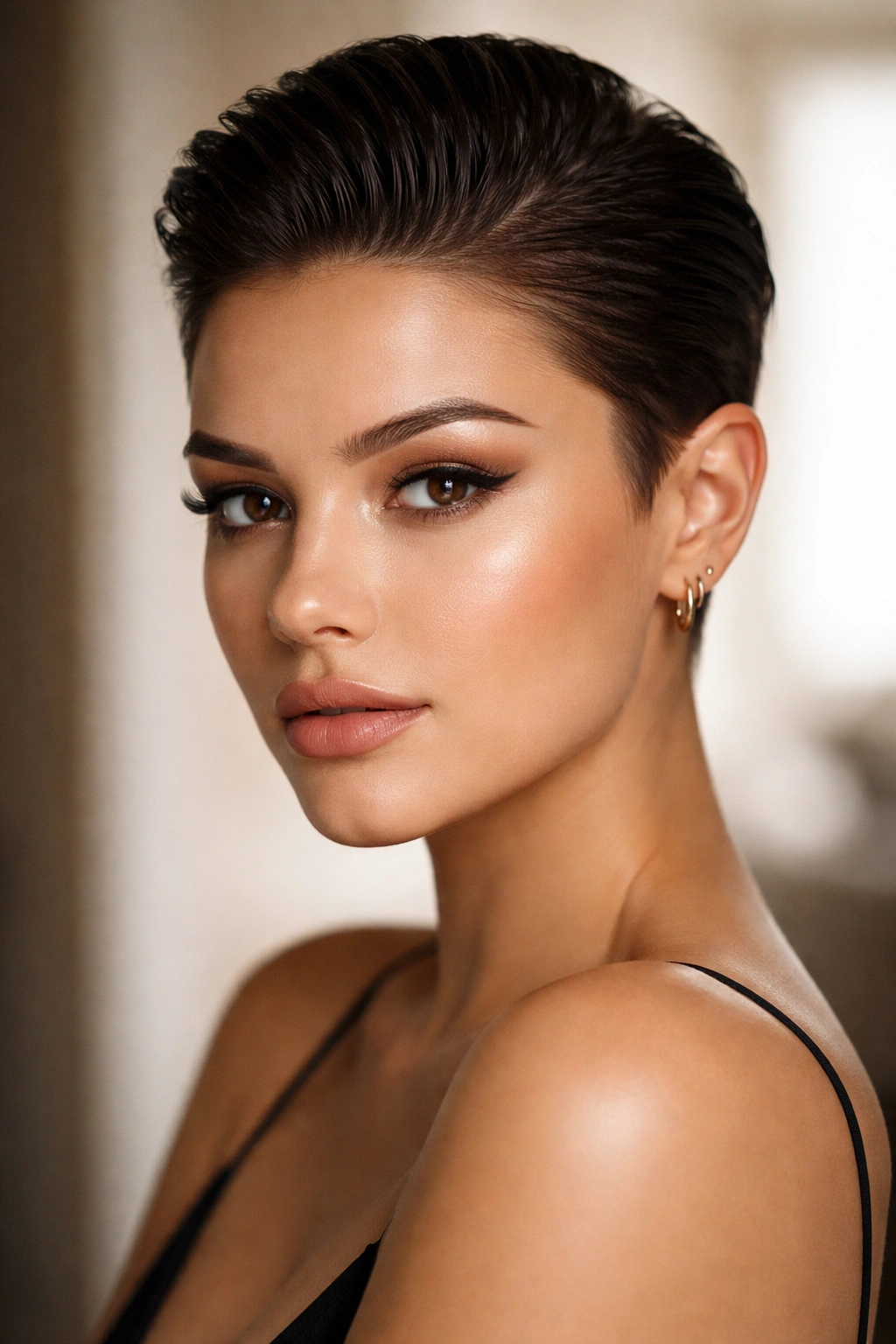 Round-faced model wearing a sleek slicked-back pixie