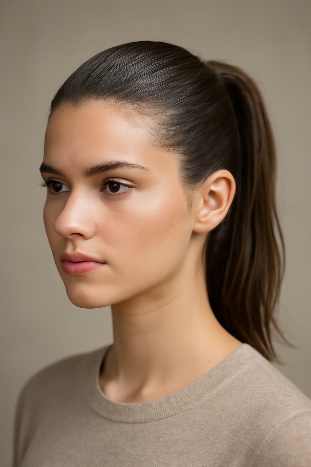 Slicked-back high ponytail with a glossy finish on short hair