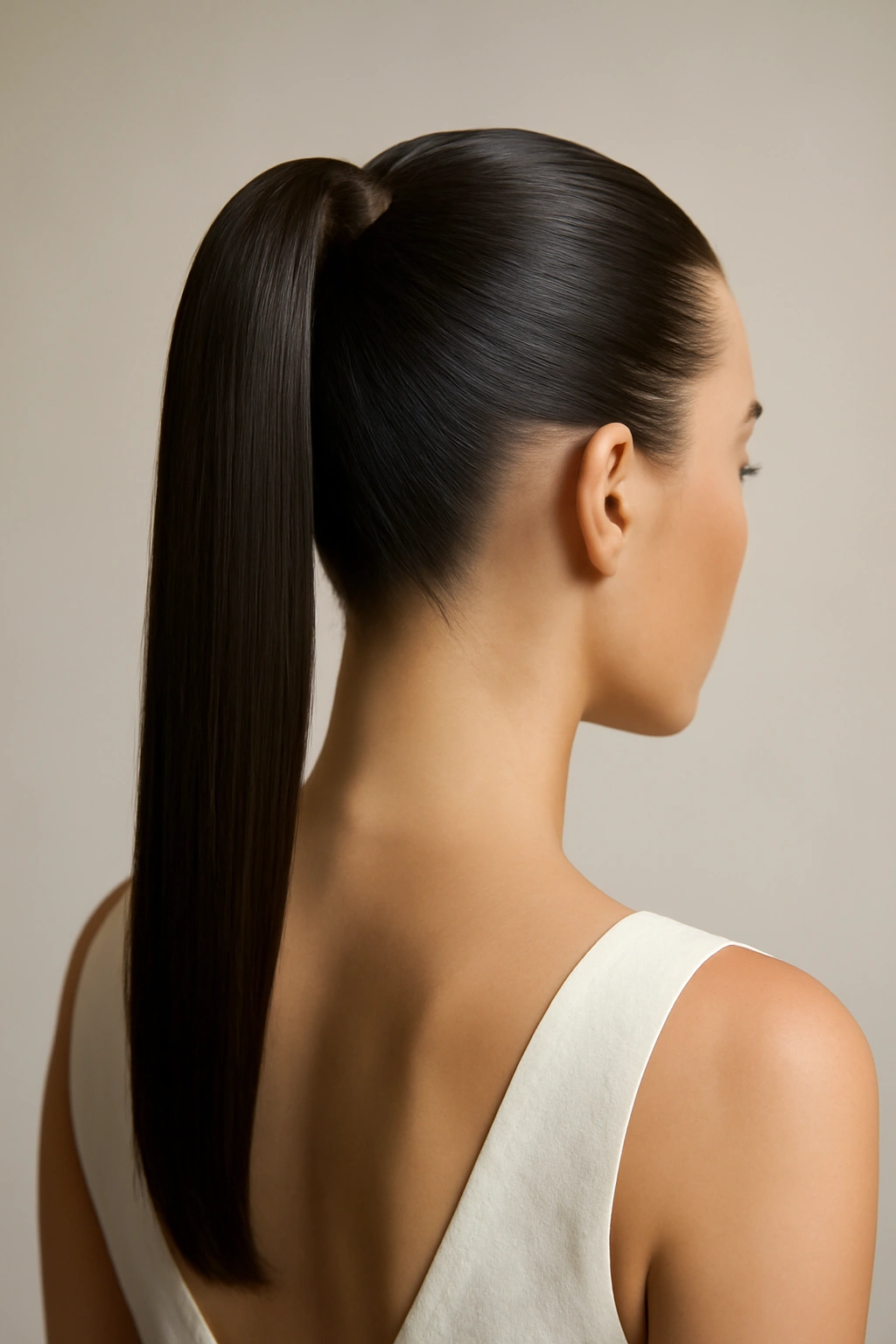 Sleek slicked-back high ponytail with glossy finish