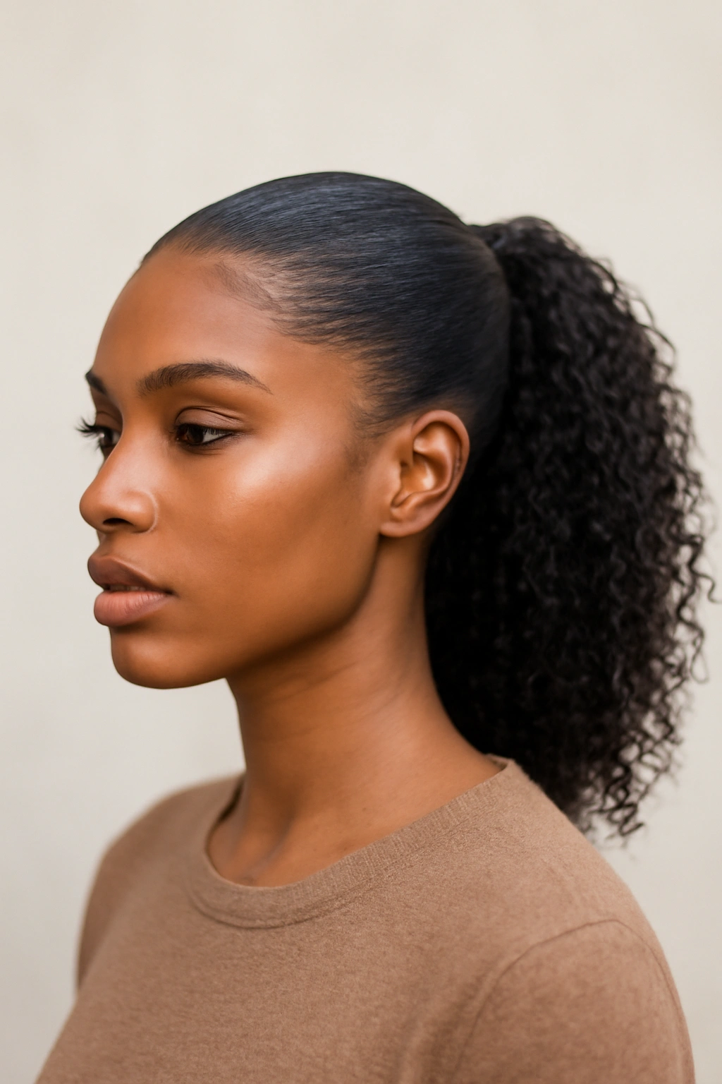 High ponytail with slicked back top and curly ends