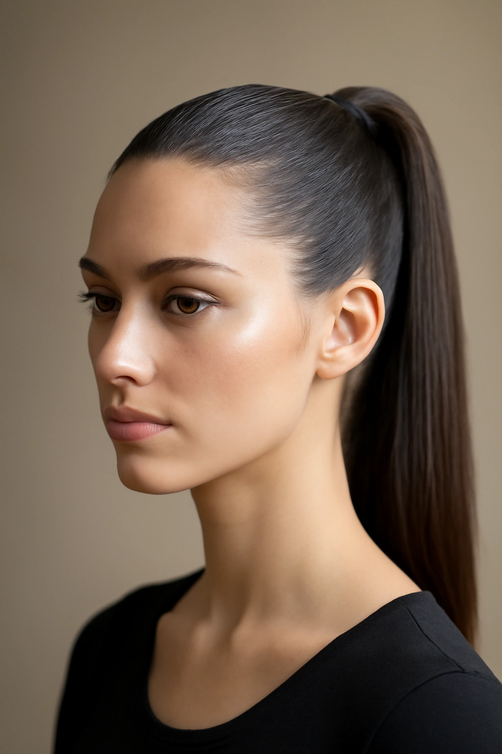 Slicked-back high ponytail at the crown, smooth and flat against the scalp.
