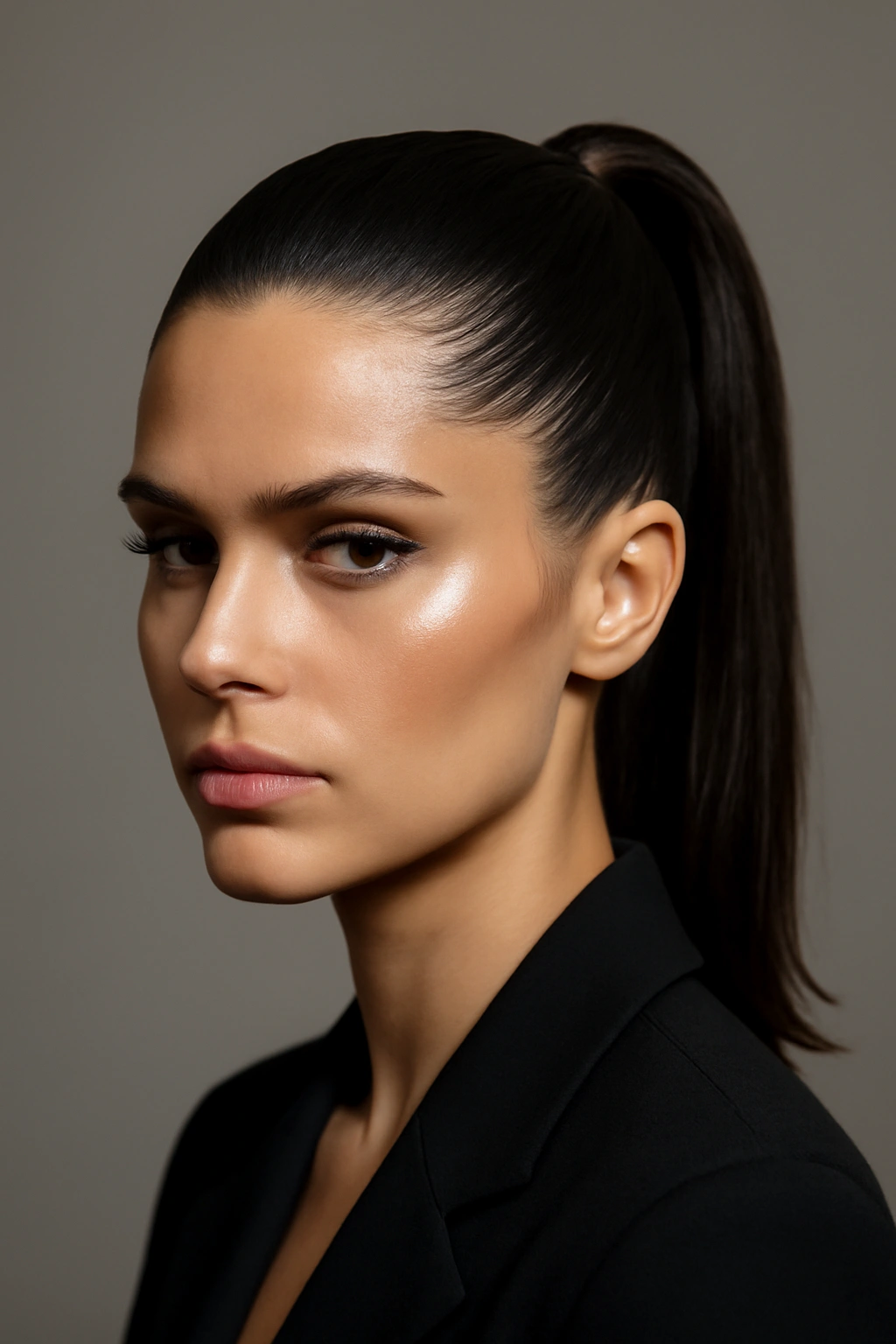 Slicked-back high ponytail with glossy finish and clean silhouette