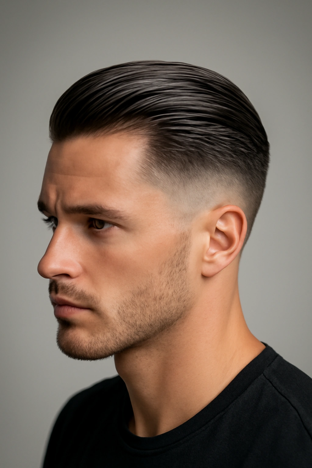 Portrait of male with slicked back hairstyle in studio