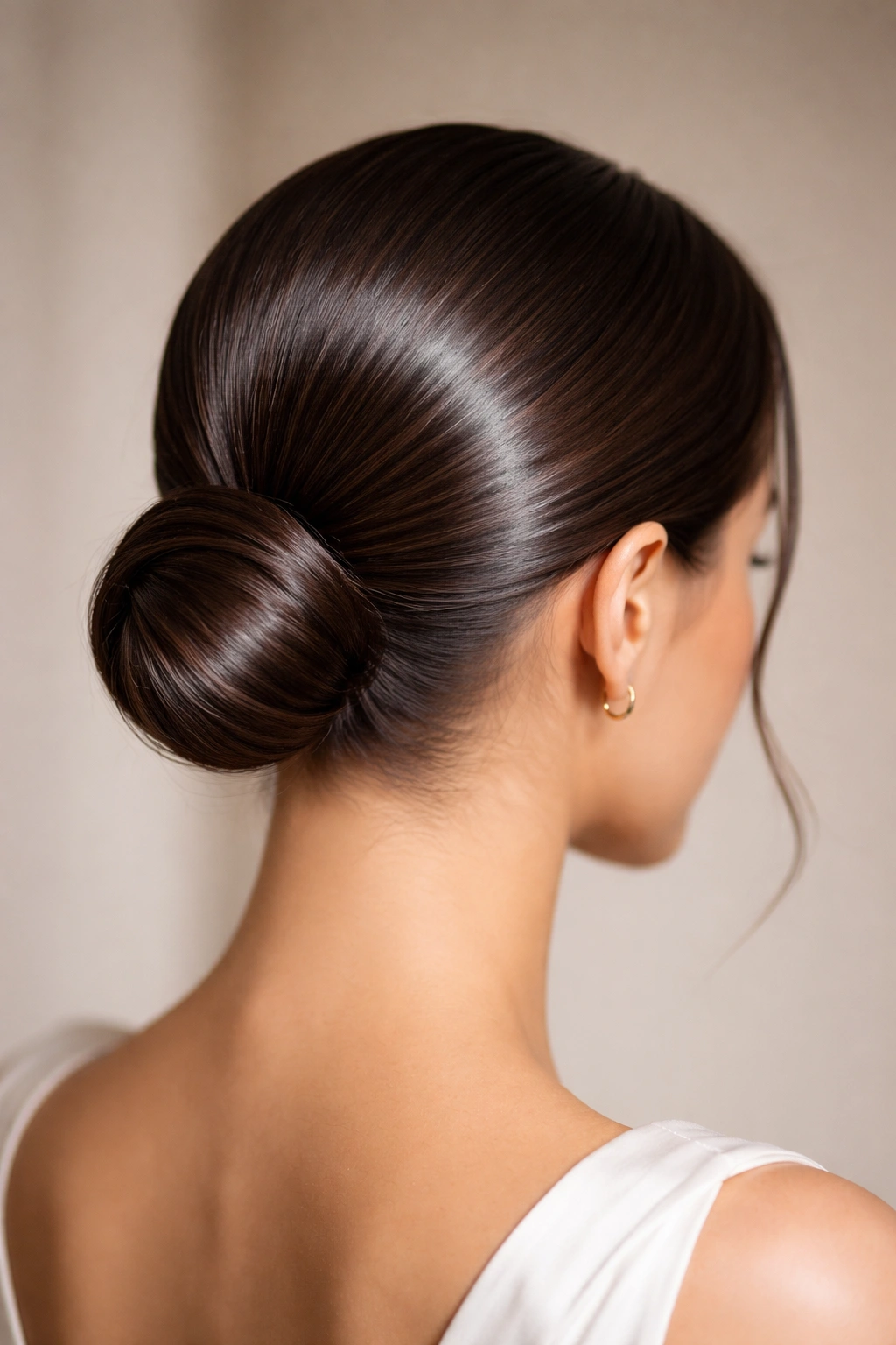 Low bun at the nape with a mirror-like shine and sleek, smooth finish