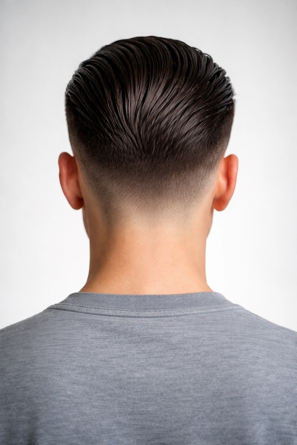 Back view of a slicked-back short cut with a smooth silhouette