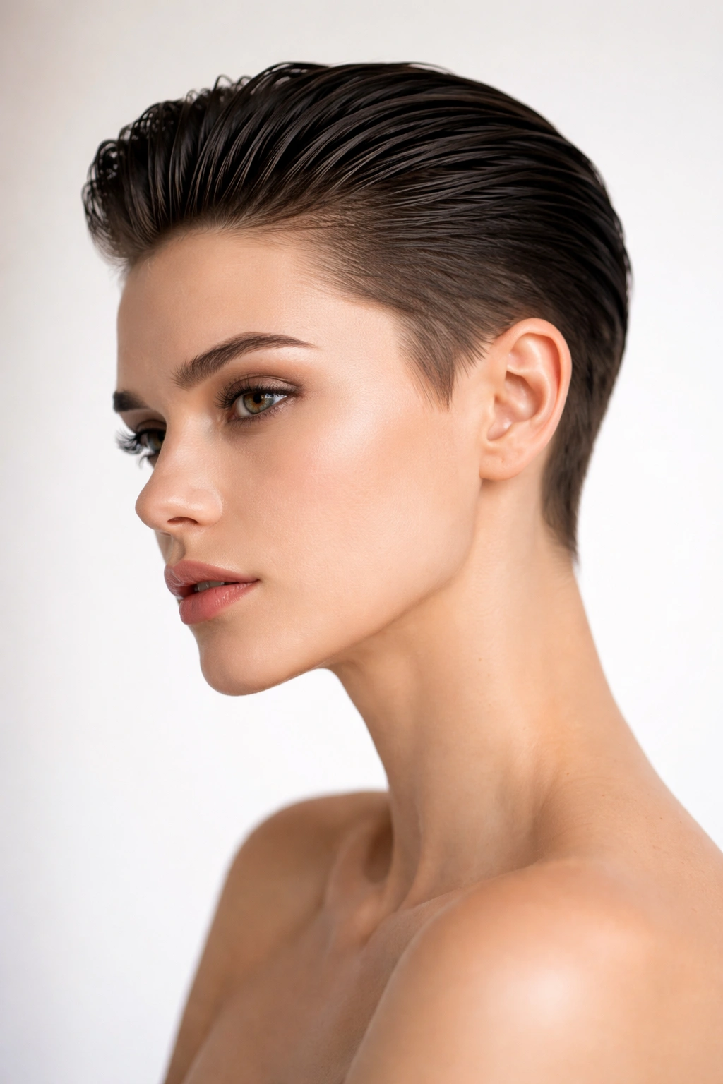 Slicked-back short cut showcasing a polished, architectural silhouette on a model