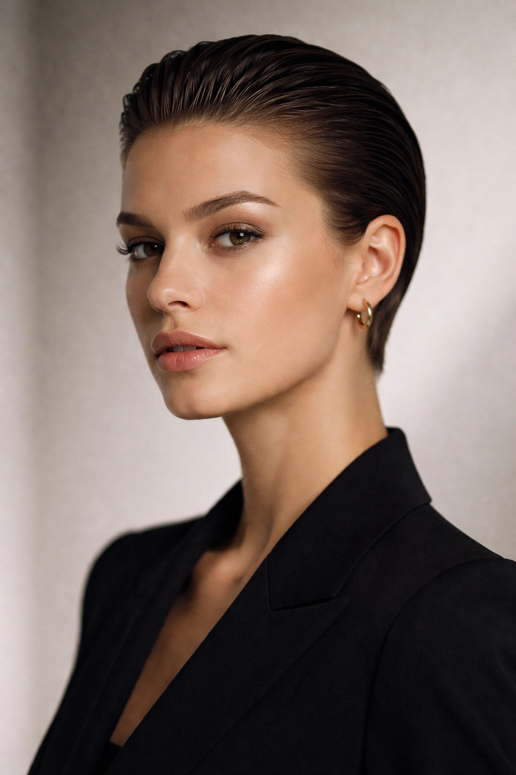 Portrait of a model with a slicked-back short cut exposing the face with clean lines