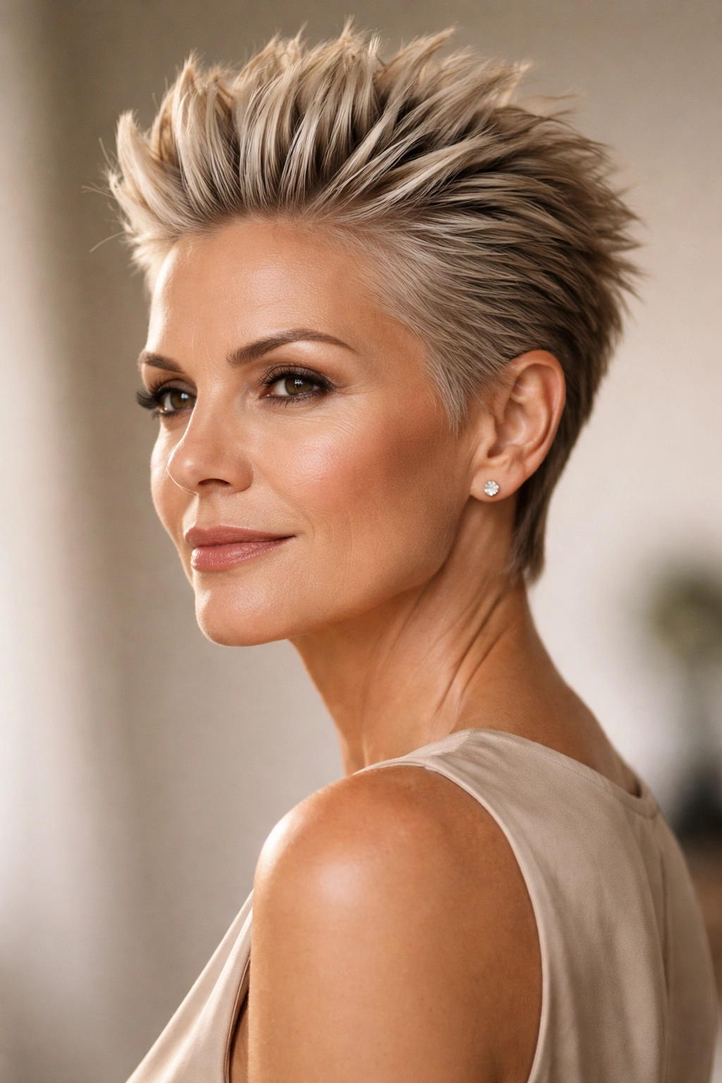 Head-and-shoulders portrait of a woman with slicked-back spiky hairstyle