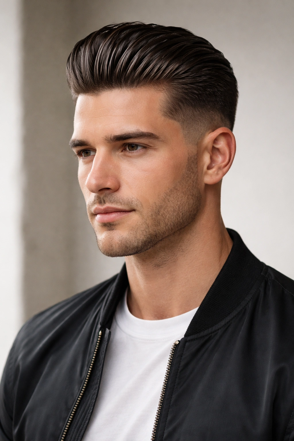 Man with slicked-back hair and tapered temples in a clean studio portrait