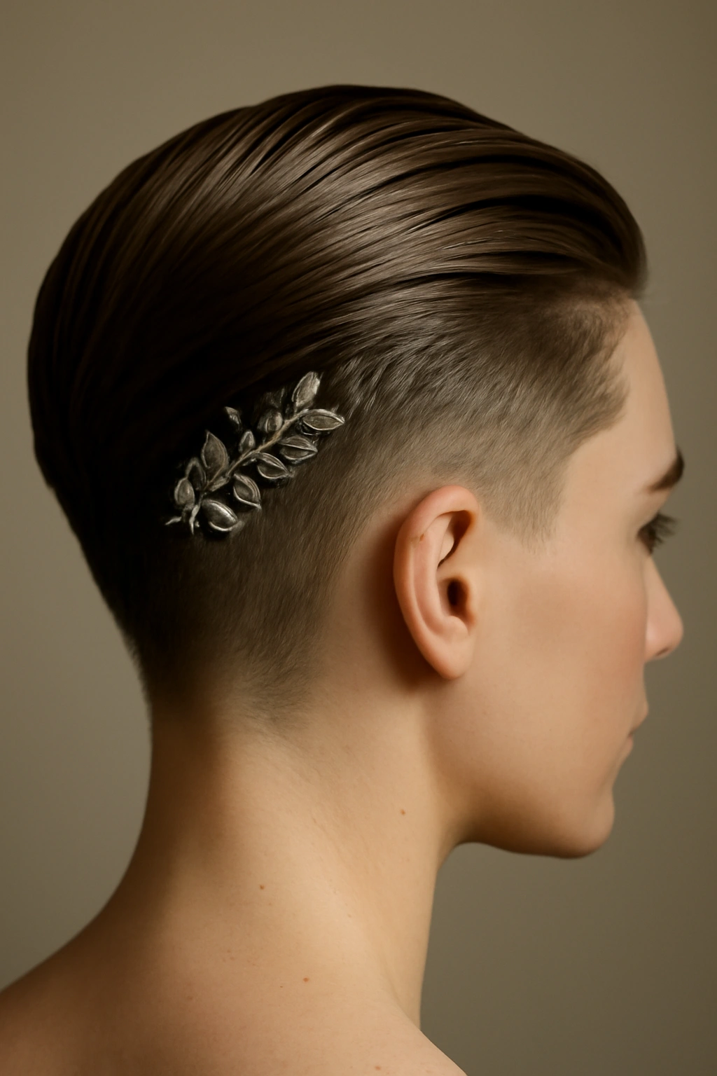 Slicked-back undercut with decorative clip showcasing the cut