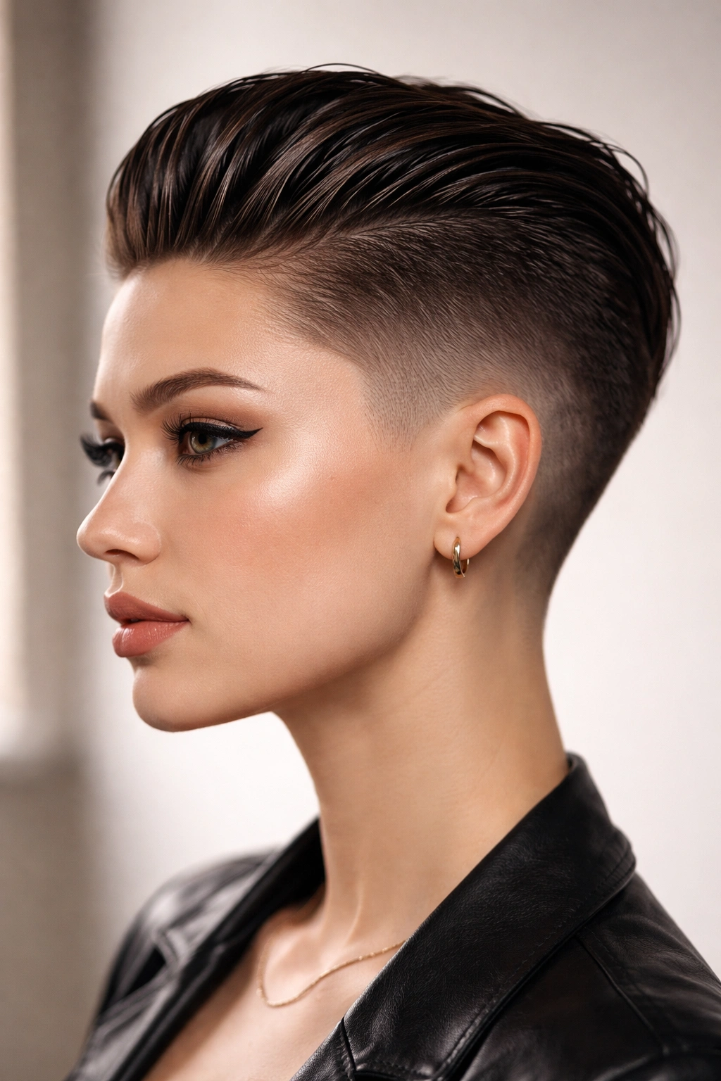 Slicked-back undercut with textured fade showing exposed face and angular lines