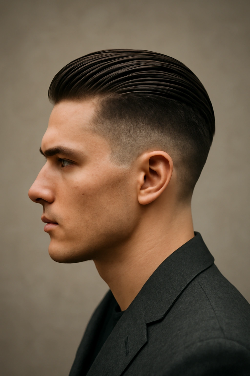 Close-up of Slicked-Back Undercut hairstyle with shaved sides in a blazer-ready portrait