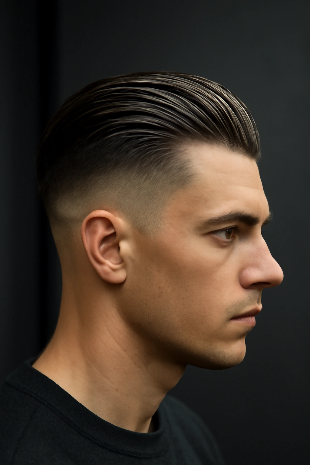 Portrait of a man with an undercut and slicked-back top, sharp contrast and clean lines.