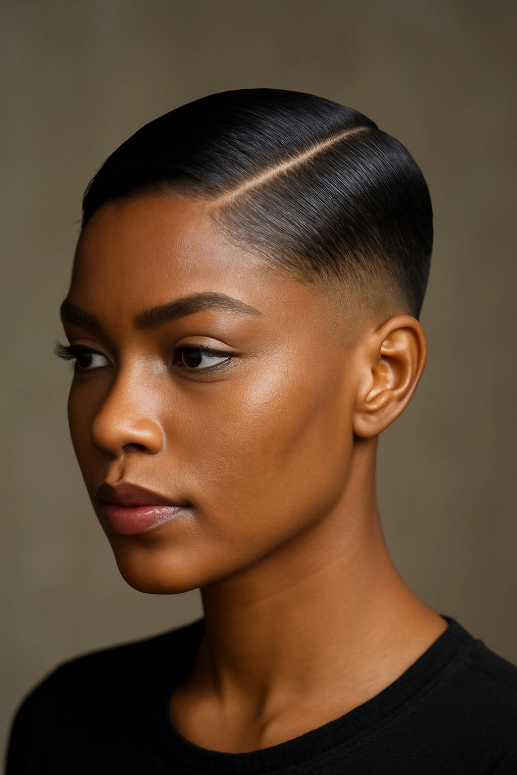 Head-and-shoulders portrait of a sleek slicked-back undercut with part in a studio