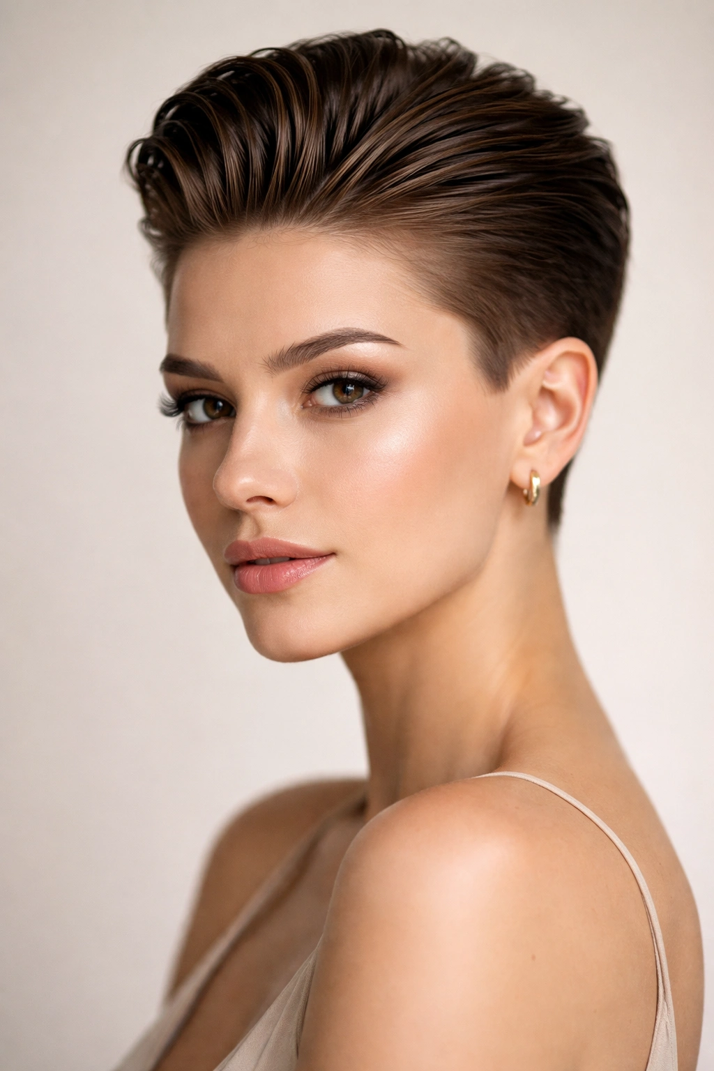 Sleek short hairstyle with back-slicked hair and crown volume.