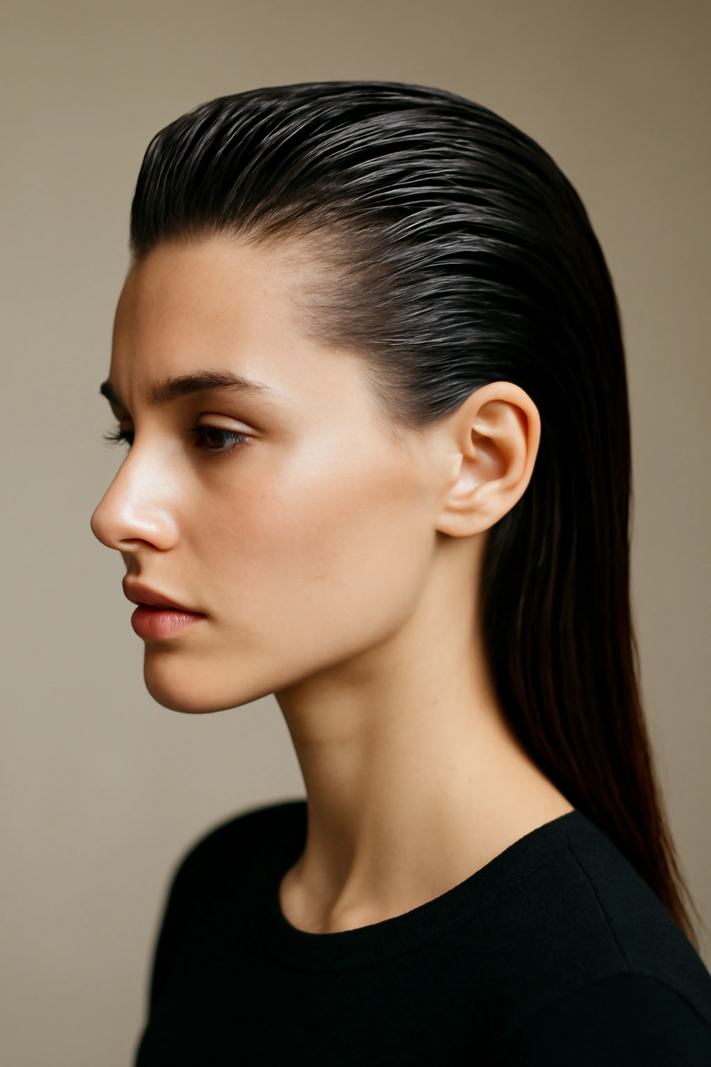 Slicked-back wet-look pompadour with high shine on long hair