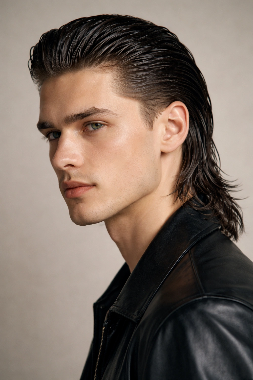 Three-quarter view of The Slicked Mullet with Shine showing glossy, back-combed hair