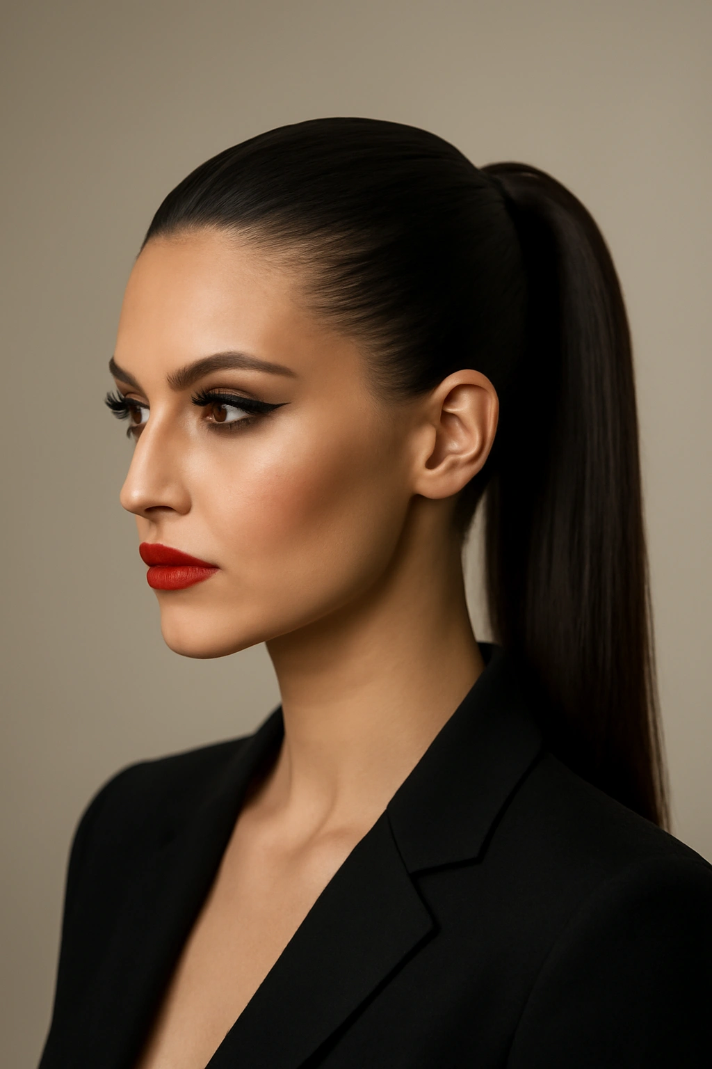 High-fashion slicked-back ponytail with flawless smoothness in a studio portrait