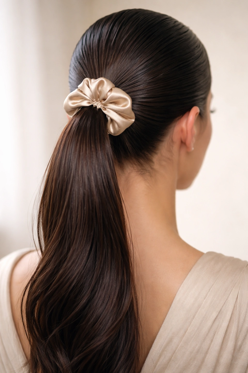Close-up of glossy slicked ponytail with silk scrunchie
