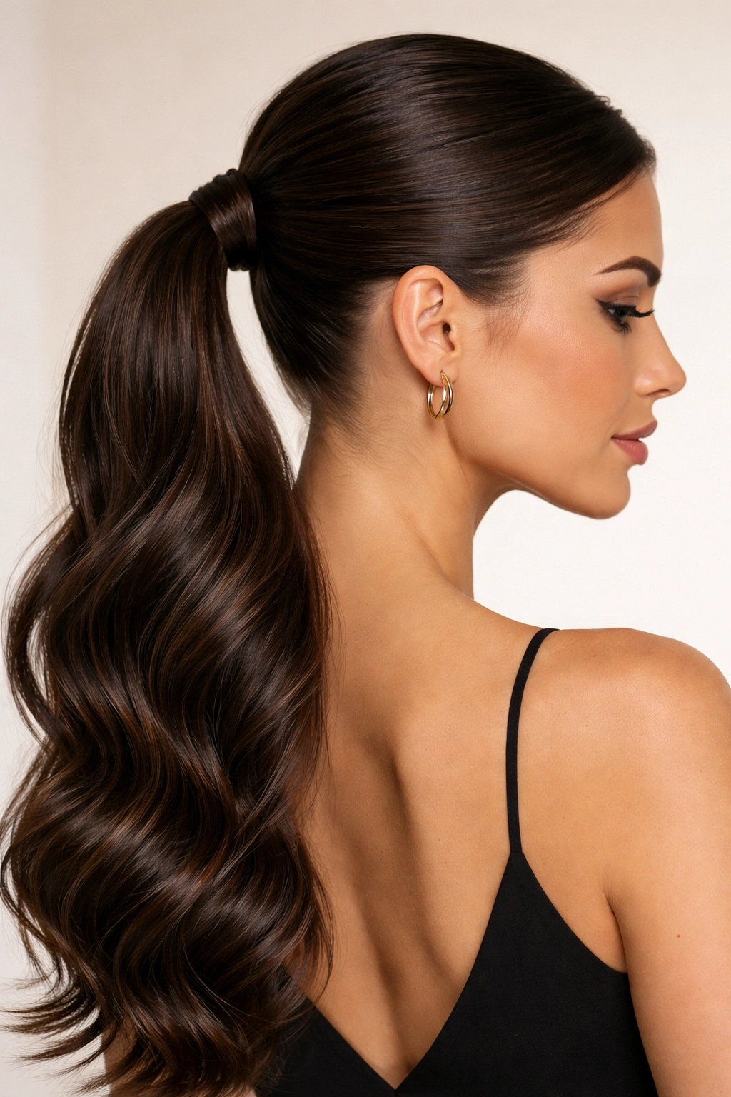 Close-up of a low ponytail with sleek waves and smooth crown
