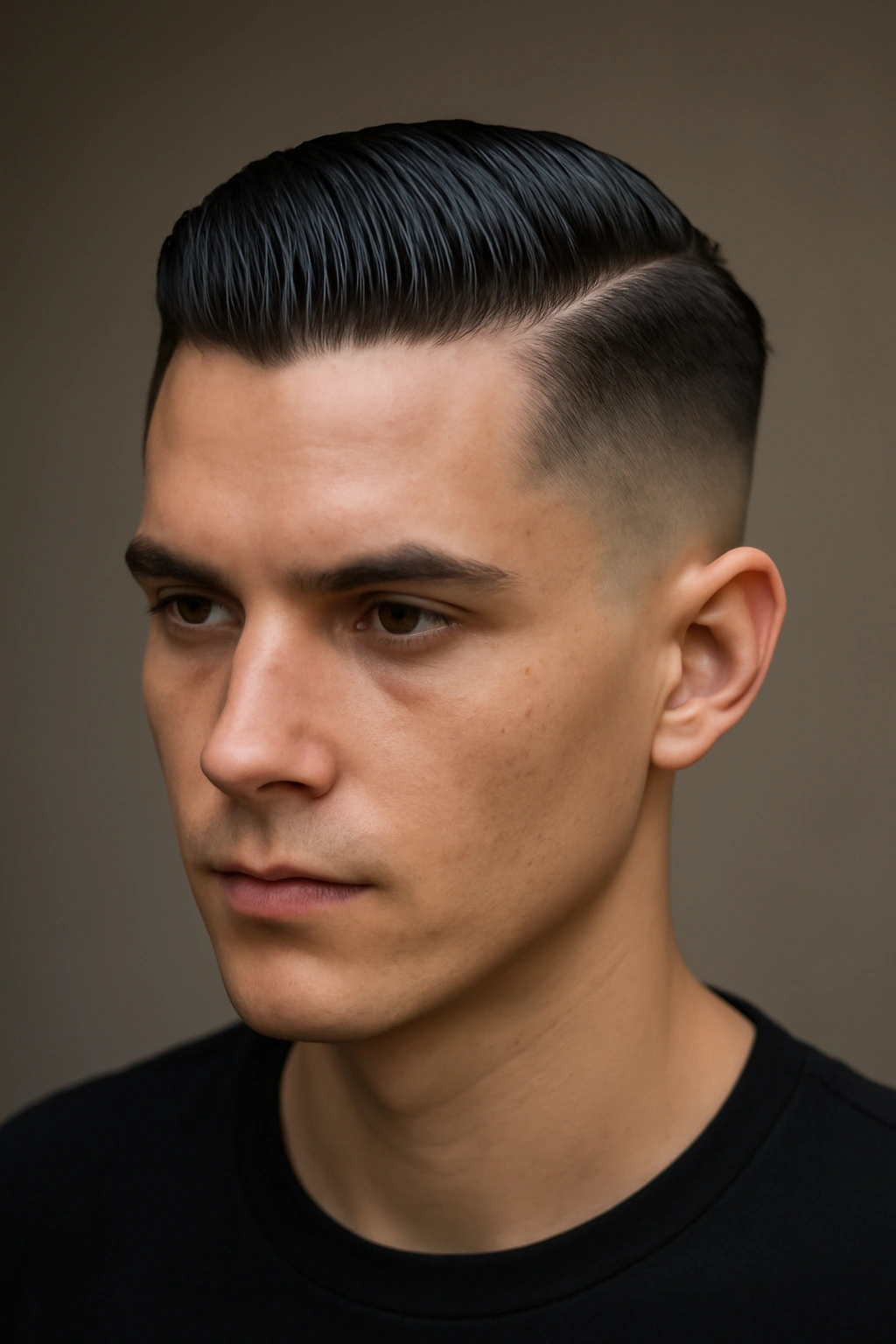 Portrait of a person with a slicked undercut and glossy top