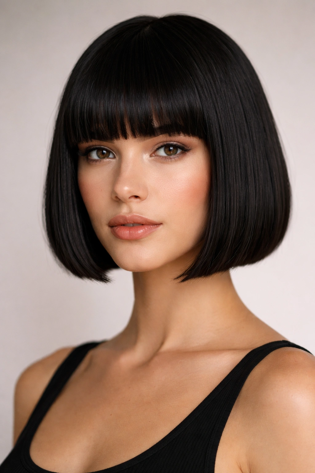 Portrait of a person with a smooth blunt bangs bob and crisp fringe