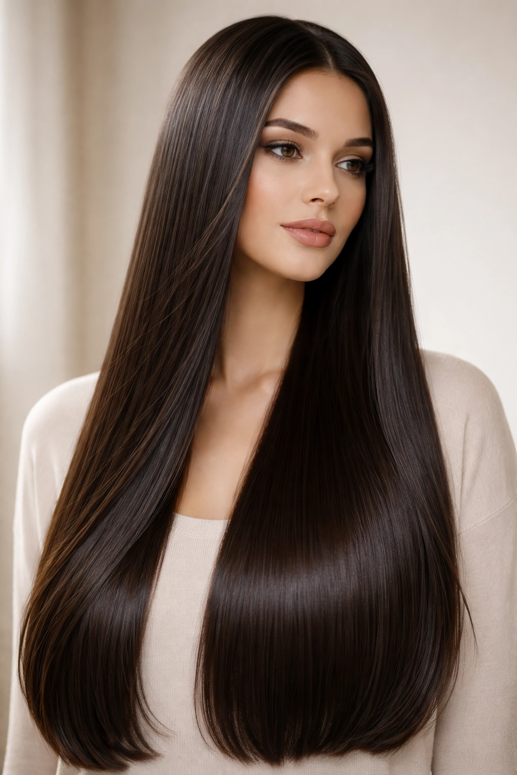 Close-up of smooth, straight hair with high-gloss shine