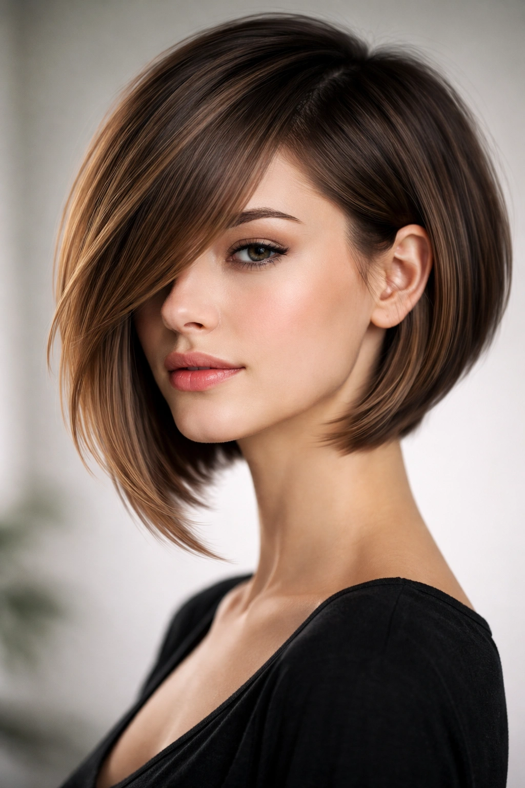 Portrait of a soft angled asymmetrical bob with longer bangs framing the face.